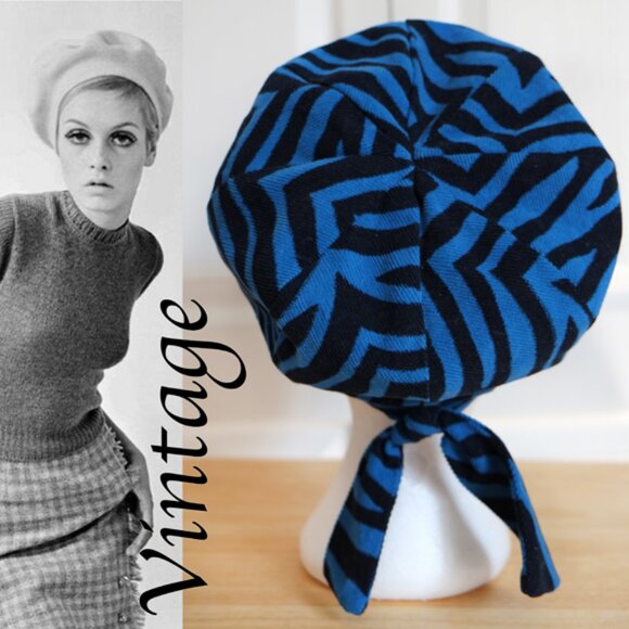 BOGO🧨RARE vintage blue and black striped cotton tied beret hat cap - Picture 1 of 6